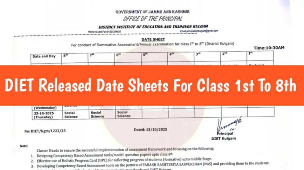 1st To 8th Class Date Sheets Out For Kashmir Division